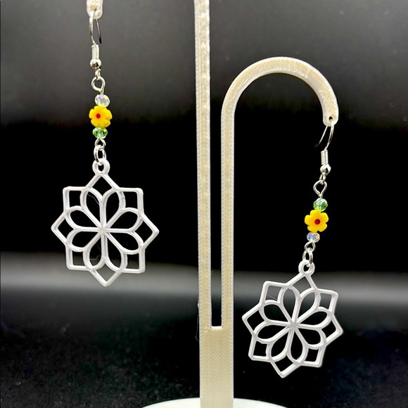 Silver Geometric Earrings with Yellow Flower Accents - Picture 6 of 6